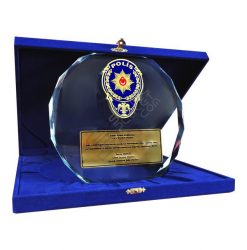 Kabartma Polis Logolu Özel Kesim Kristal Tabak Plaket