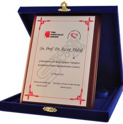 Kadife Kutulu Gümüş Metal Basklı Ahşap Teşekkür Plaketi
