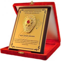 Kırmızı Kadife Kutulu Polis Rozeti Ahşap Plaket