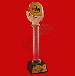 Sarı Metal Baskılı Kristal Sütunlu Mermer Kaideli Kristal Plaket